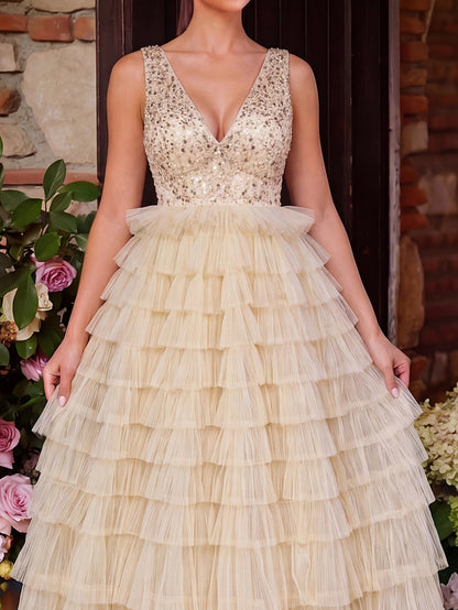 Plunging Sequin Ruffle Sleeveless A-Line Evening Gown — authorized product image 4