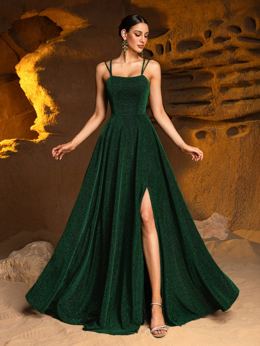 Glitter Backless Lace Up Split Cami Party Dress