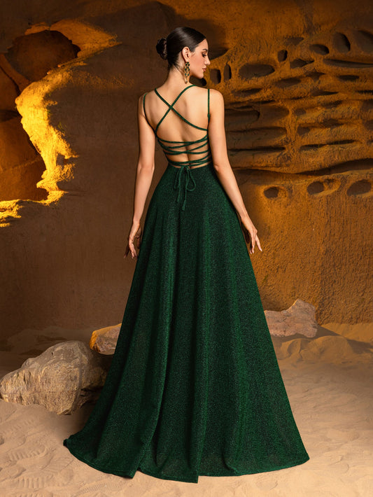 Glitter Backless Lace Up Split Cami Party Dress – view 2