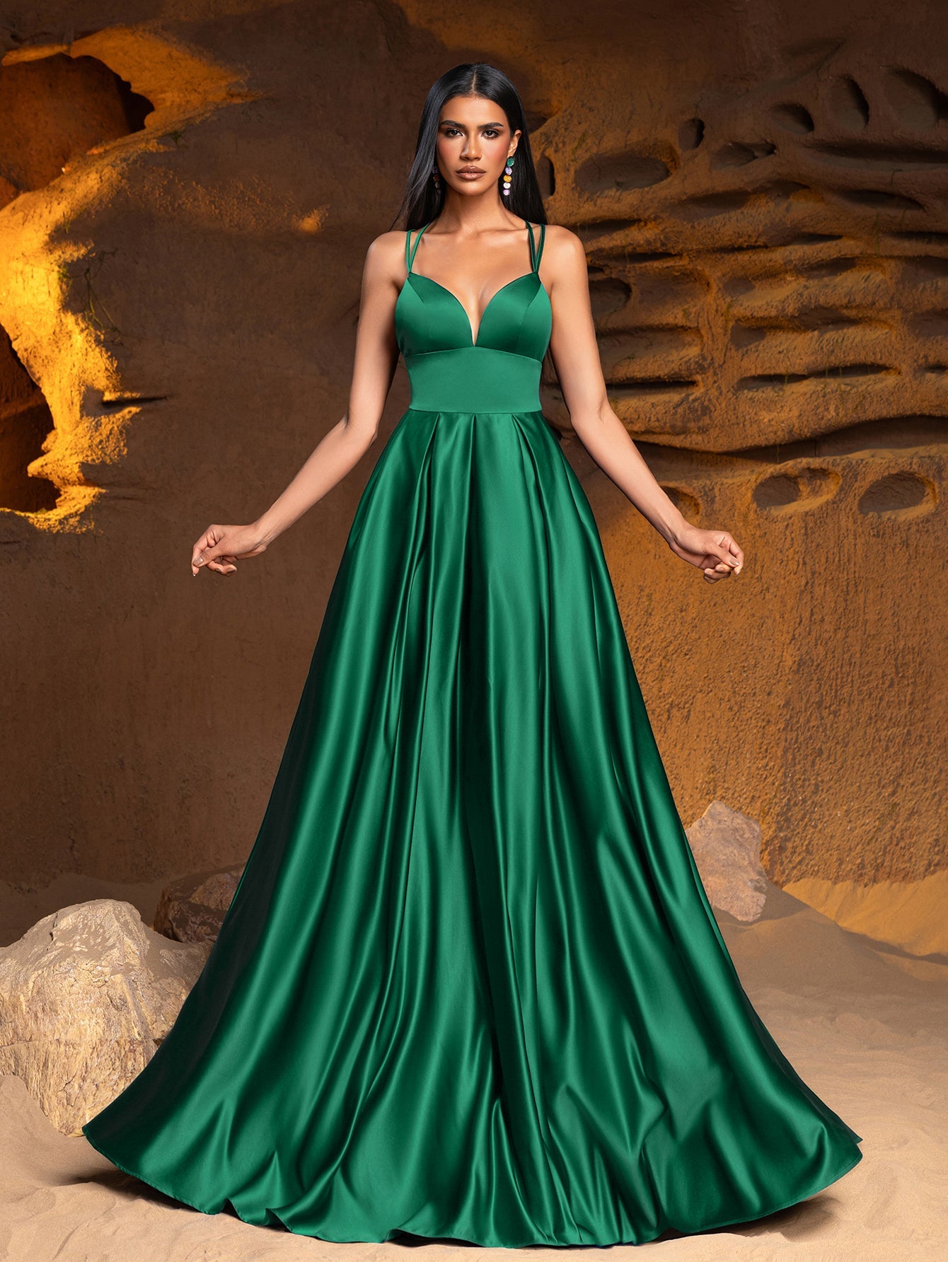 Plunging Neck Floor Length Satin Cami Party Dress – view 4