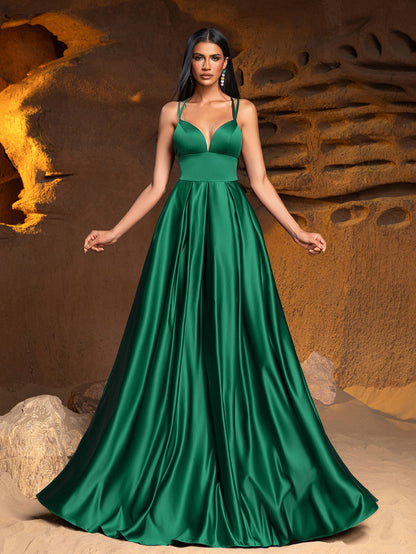 Plunging Neck Floor Length Satin Cami Party Dress – view 4