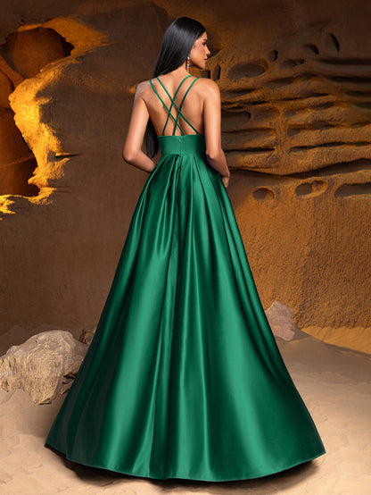 Plunging Neck Floor Length Satin Cami Party Dress – view 2