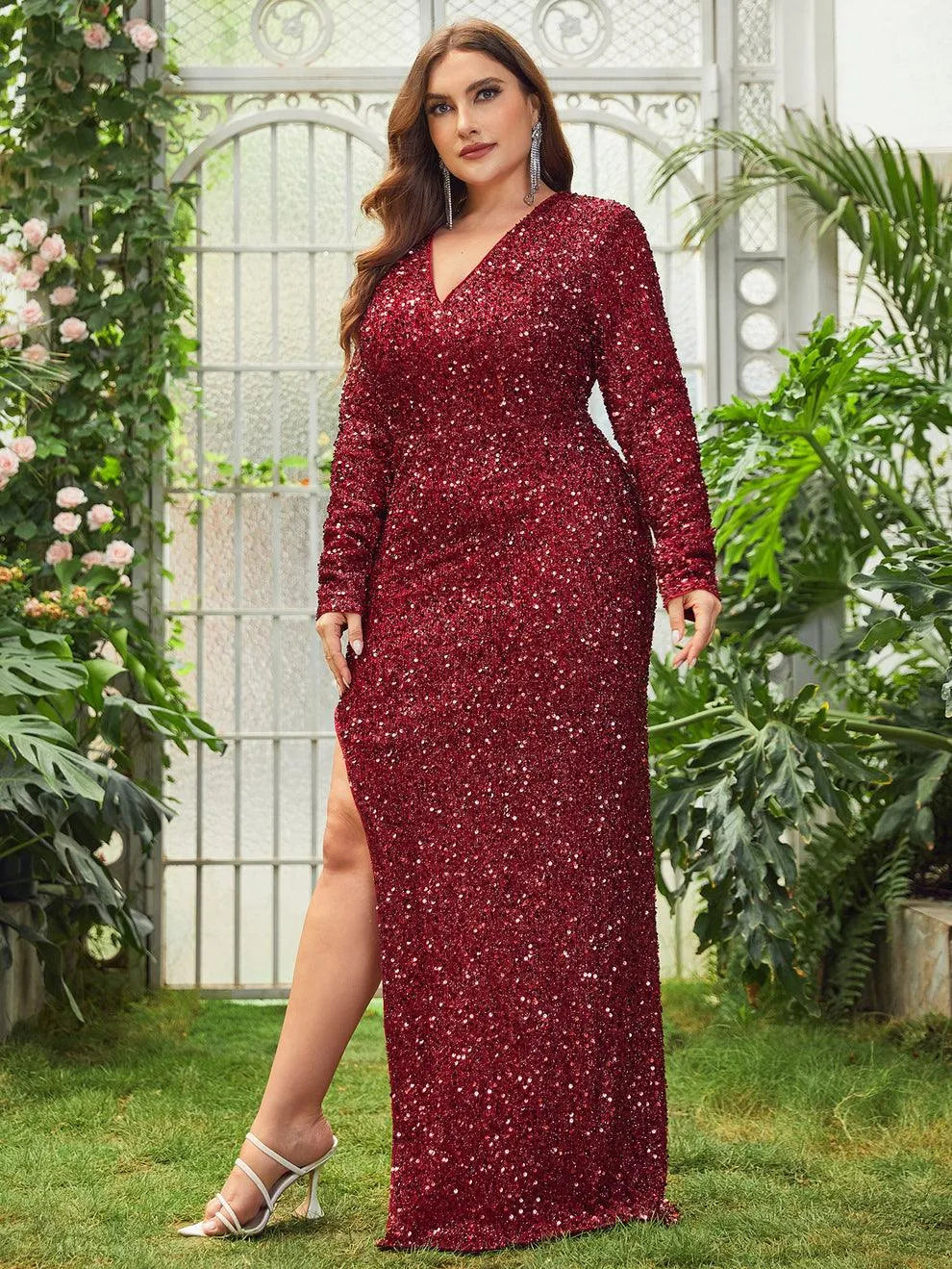 Additional product view of Surplice-Neck High-Slit Plus-Size V-Neck Sequin Evening Gown