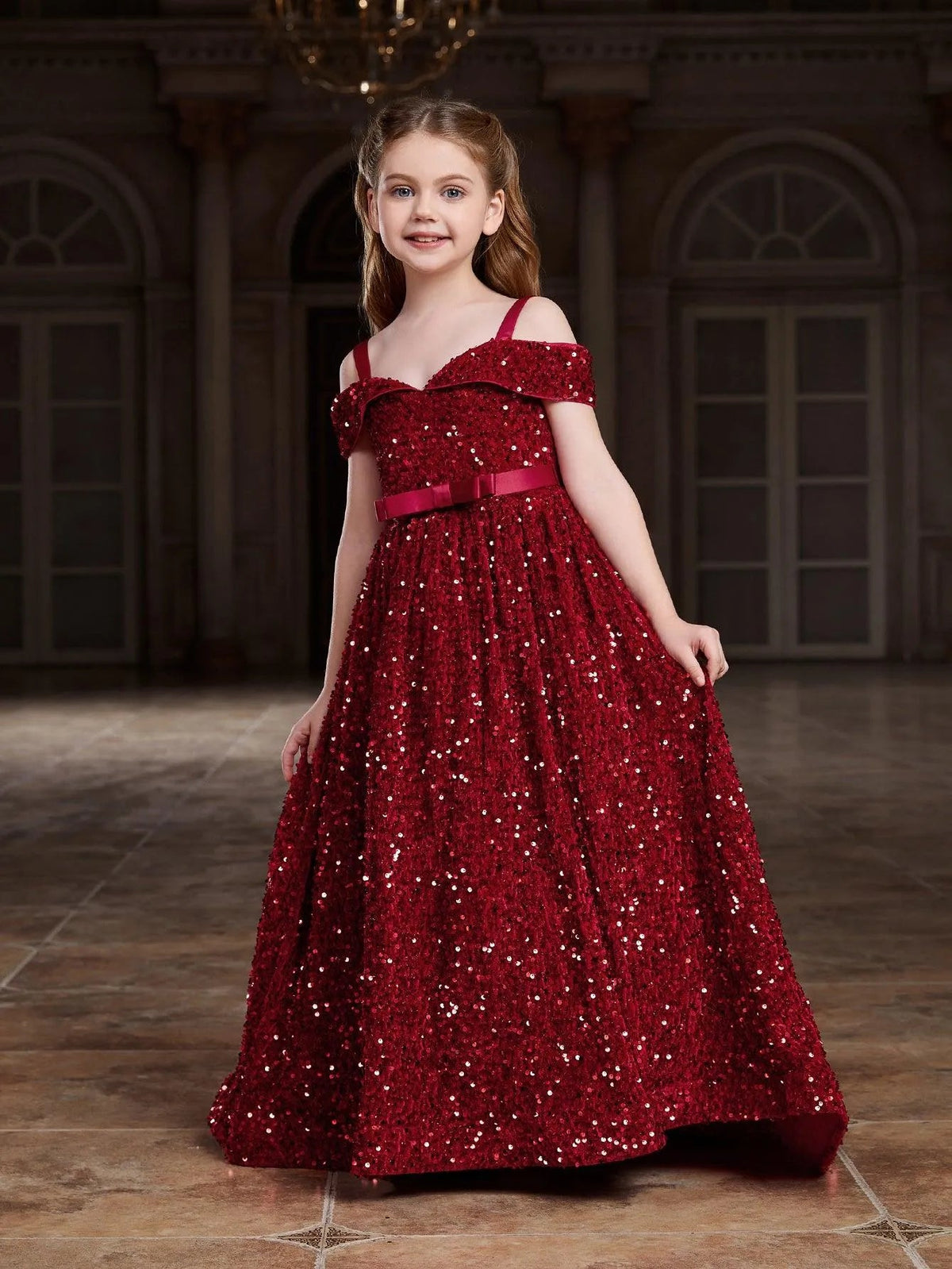 Additional product view of High-Low Hem Off-Shoulder Sequin A-Line Short-Sleeve Tween Girls' Party Dress