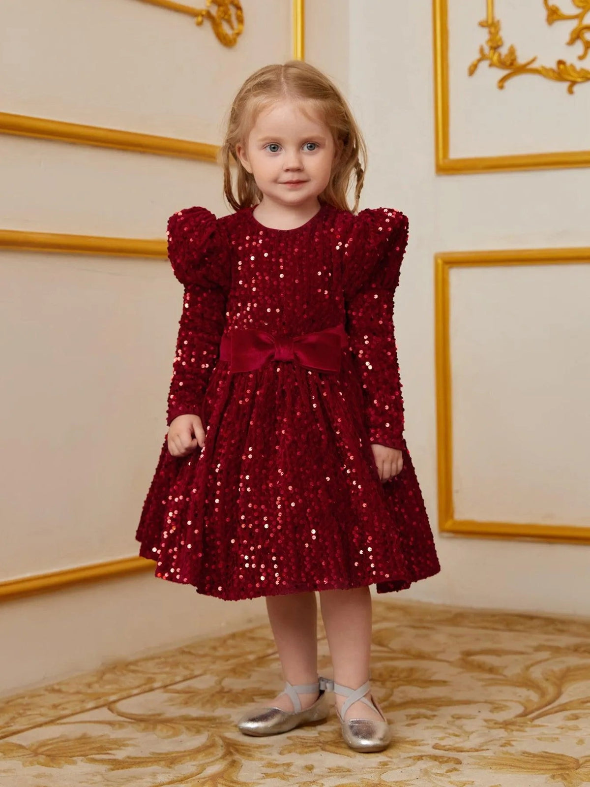 Young Girls' High Neck Sequin Long-Sleeve A-Line Formal Dress — authorized product image 1