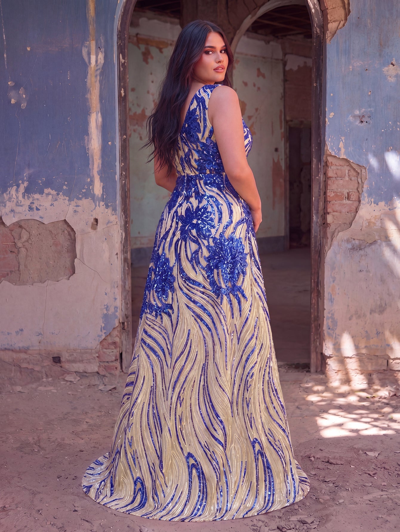 Plus Floral Sequin V Neck Sleeveless A-Line Formal Dress
