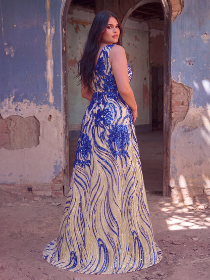 Plus Floral Sequin V Neck Sleeveless A-Line Formal Dress