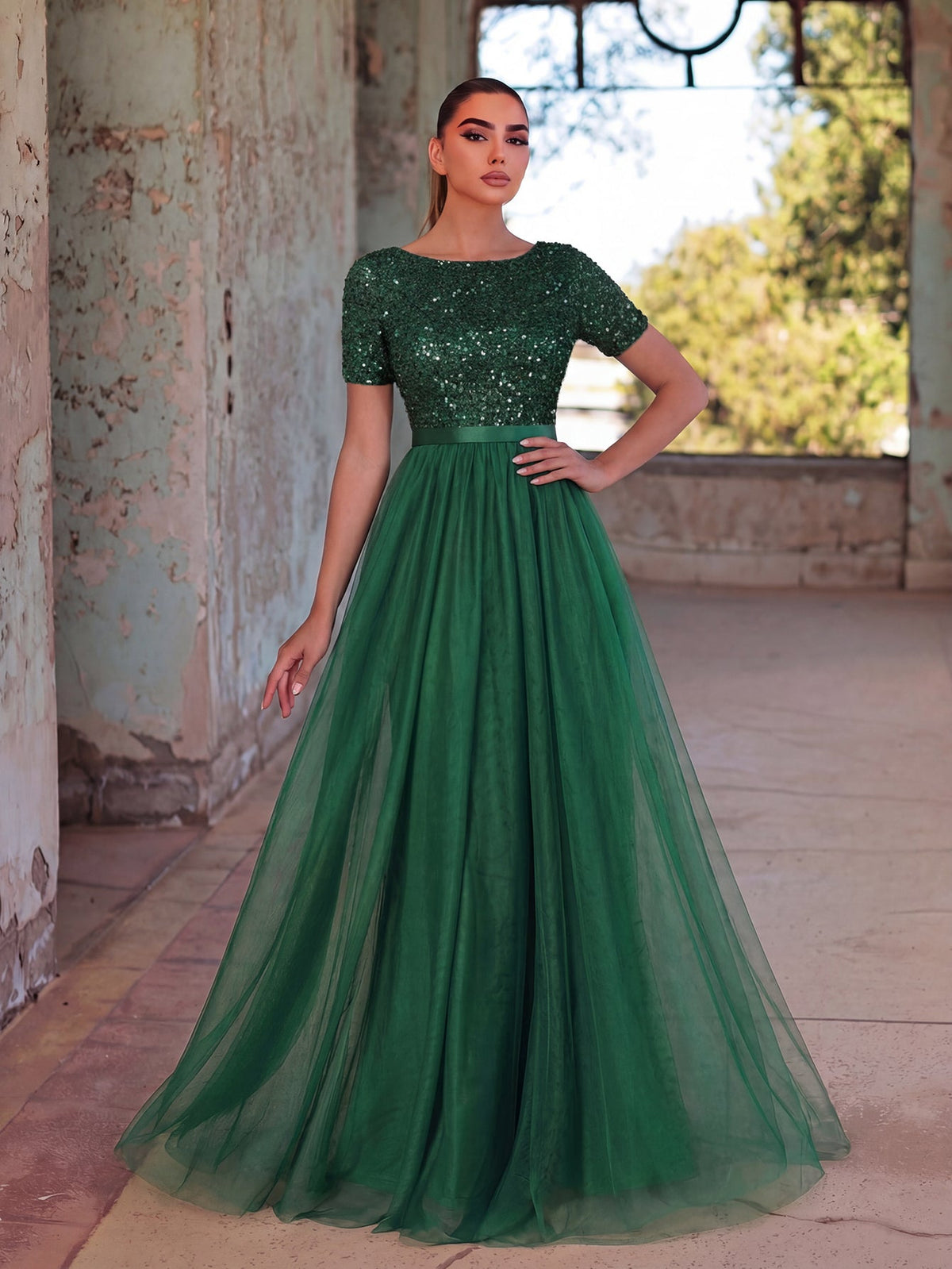 Additional product view of Tulle Skirt Boat-Neck Sequin A-Line Short-Sleeve Evening Gown