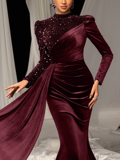 Elegant Velvet Evening Gown with Sequin Detail & Mermaid Silhouette – Luxury Bridal Wear for Weddings or High-End Events, XS-XL