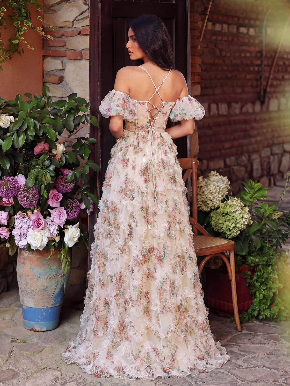 Floral Tulle Off Shoulder Cascading Ruffle Hem Slip Prom Dress