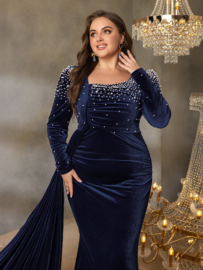 Plus Elegant Pearl Embellished Diagonal Neck Mermaid Hem Velvet Evening Dress