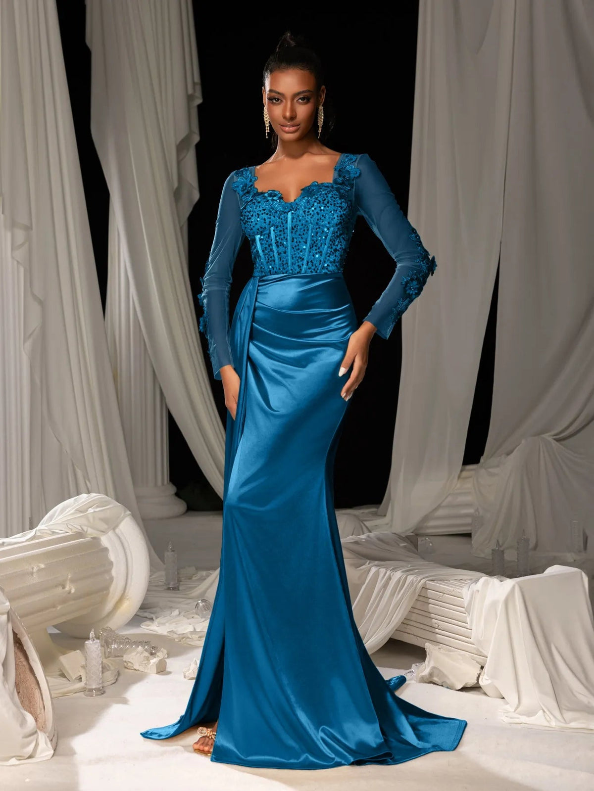 Additional view of Sequin Bodice Sheer Sleeve Mermaid Hem Satin Evening Dress