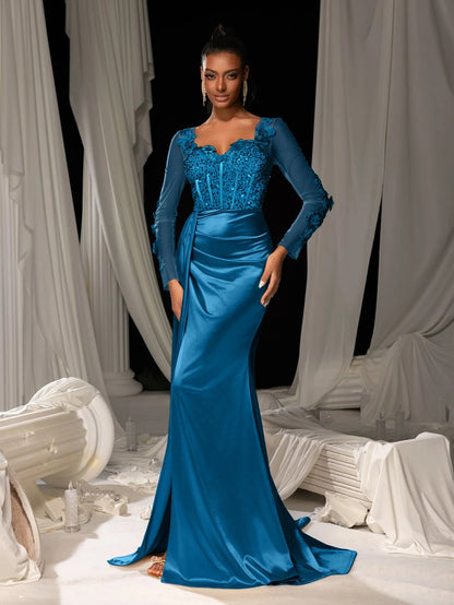 Additional view of Sequin Bodice Sheer Sleeve Mermaid Hem Satin Evening Dress