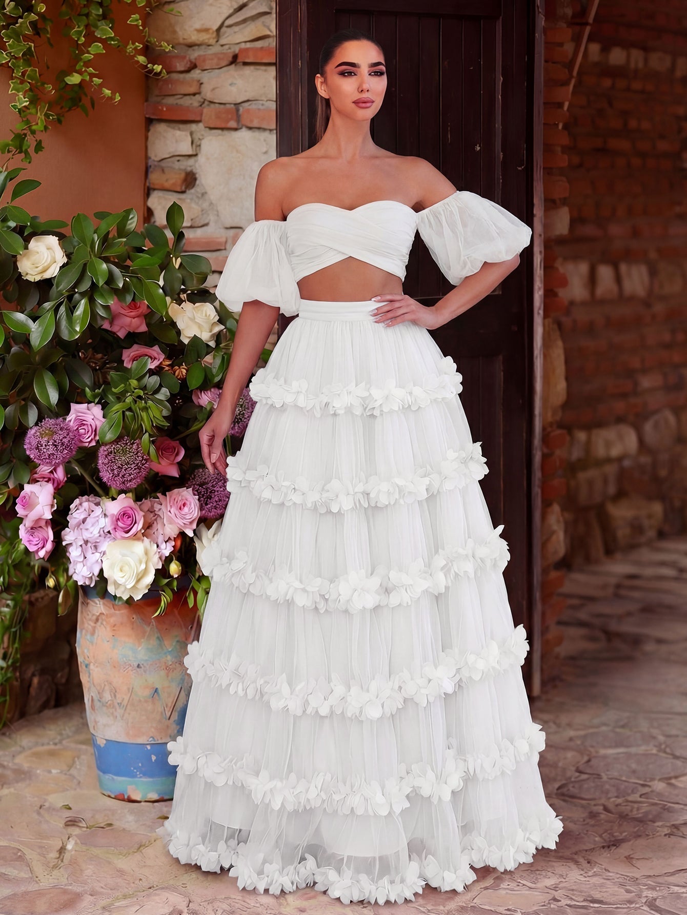 Off Shoulder Puff Sleeve Crop Top & Frill Trim Mesh Skirt – authorized supplier view 5