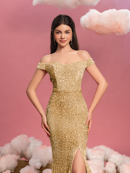 Additional product view of Mermaid Hem Off-Shoulder Sequin Short-Sleeve Maxi Teen Girls' Party Dress