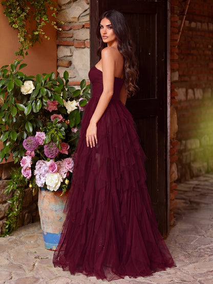 Lace Bodice Contrast Layered Mesh Hem Dress
