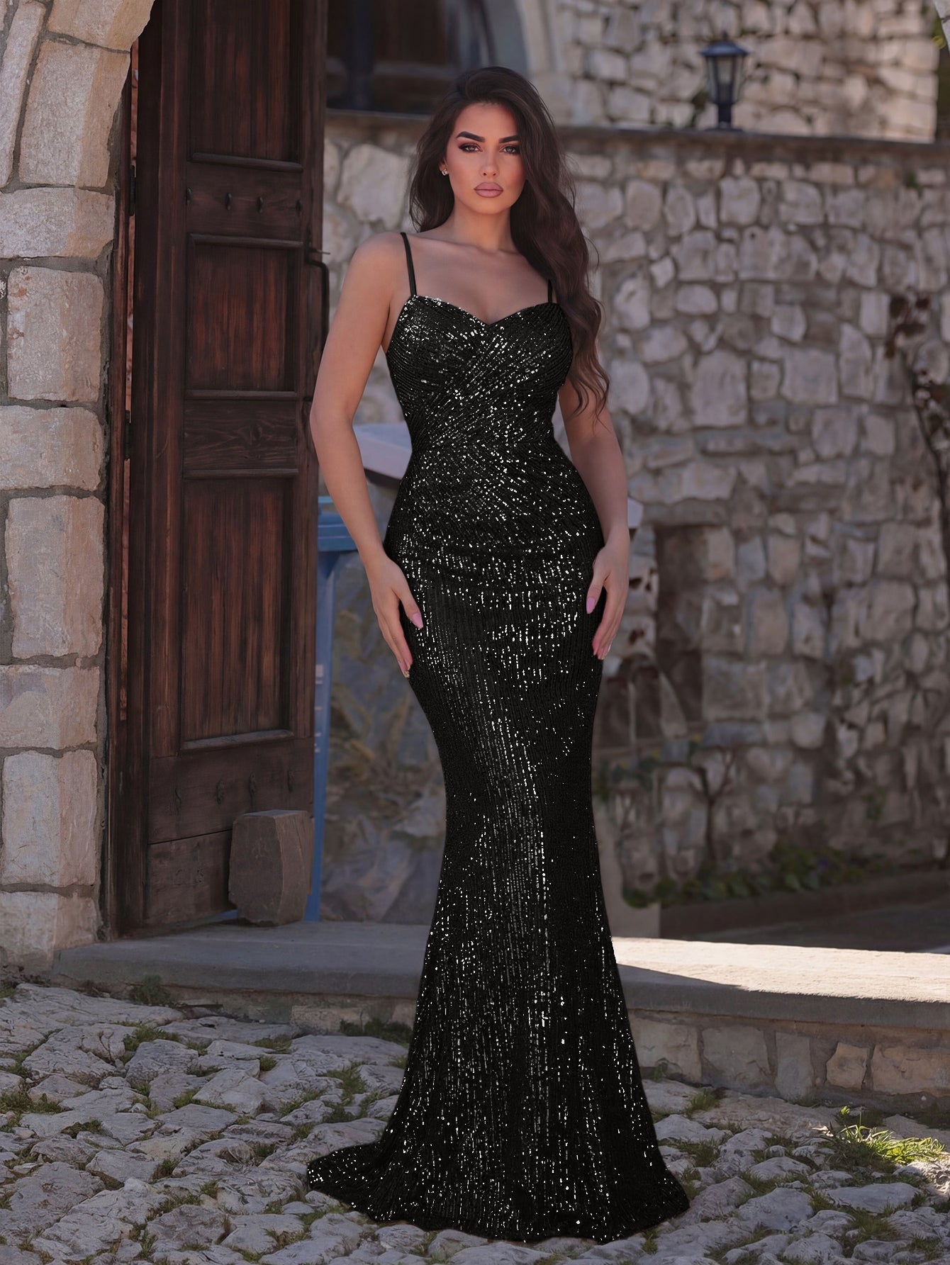 Alternate view of Ruched Wrap Cami Strap Sequin Mermaid Sleeveless Evening Gown in Black