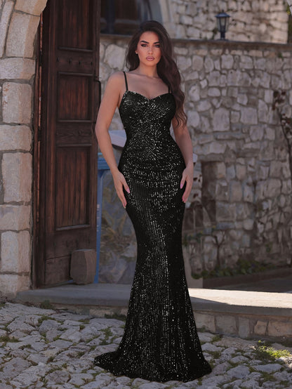 Alternate view of Ruched Wrap Cami Strap Sequin Mermaid Sleeveless Evening Gown in Black