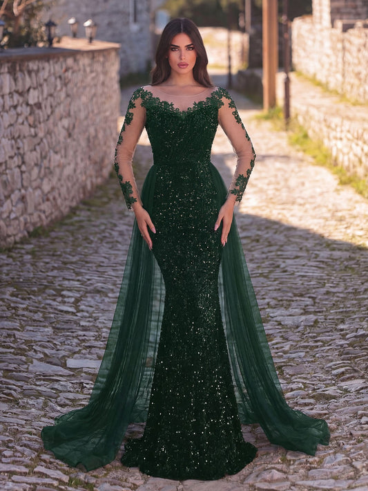Round Neck Sequin Tulle Long-Sleeve Mermaid Evening Gown in Dark Green