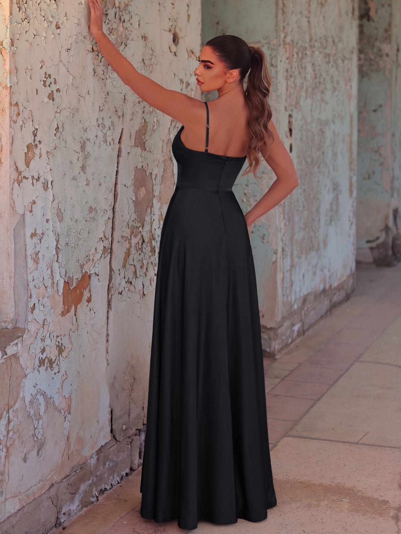 Additional product view of Cami Strap High-Slit Knit A-Line Sleeveless Evening Gown