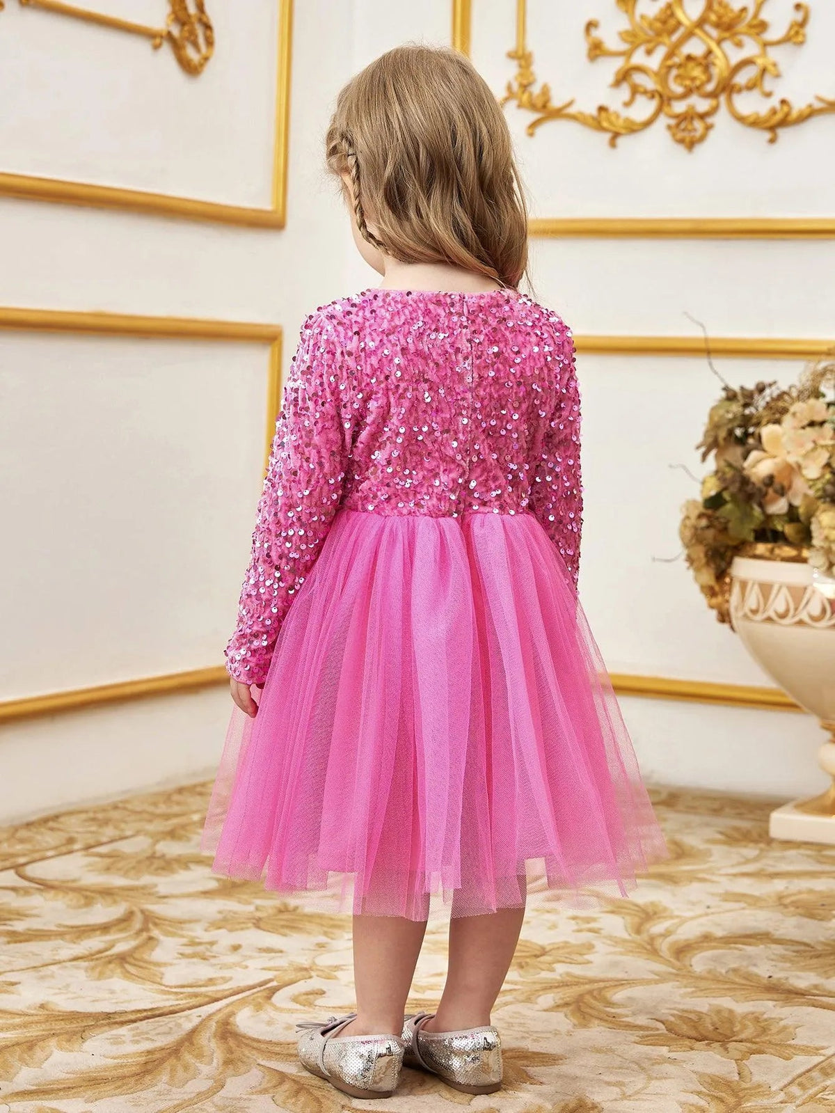 Additional product view of Bow-Front Sequin A-Line Long-Sleeve Mesh Young Girls' Party Dress