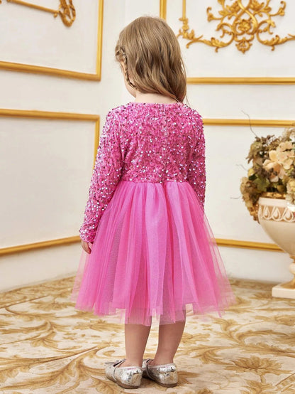 Additional product view of Bow-Front Sequin A-Line Long-Sleeve Mesh Young Girls' Party Dress