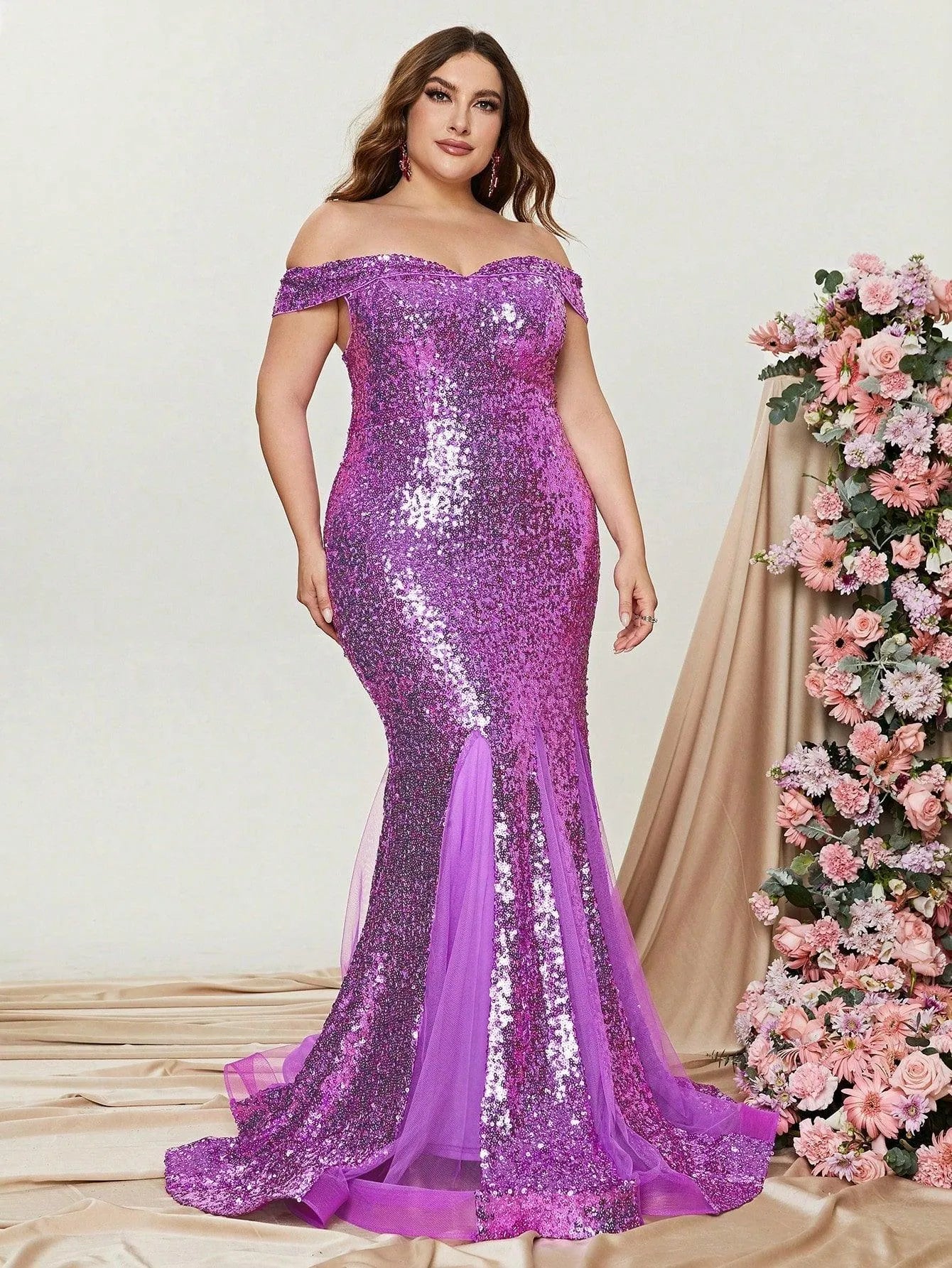 Plus-Size Off-Shoulder Sequin Tulle Sleeveless Mermaid Evening Gown — authorized product image 4