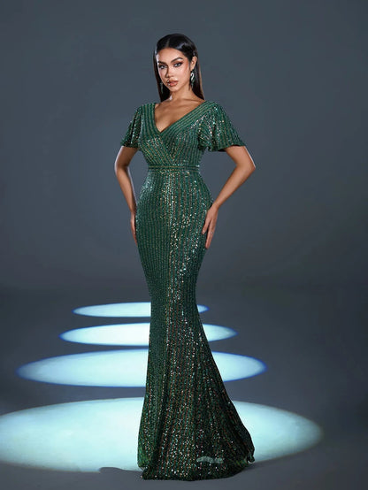 Elegant Sequin Butterfly Sleeves Mermaid Hem Evening Dress – view 4