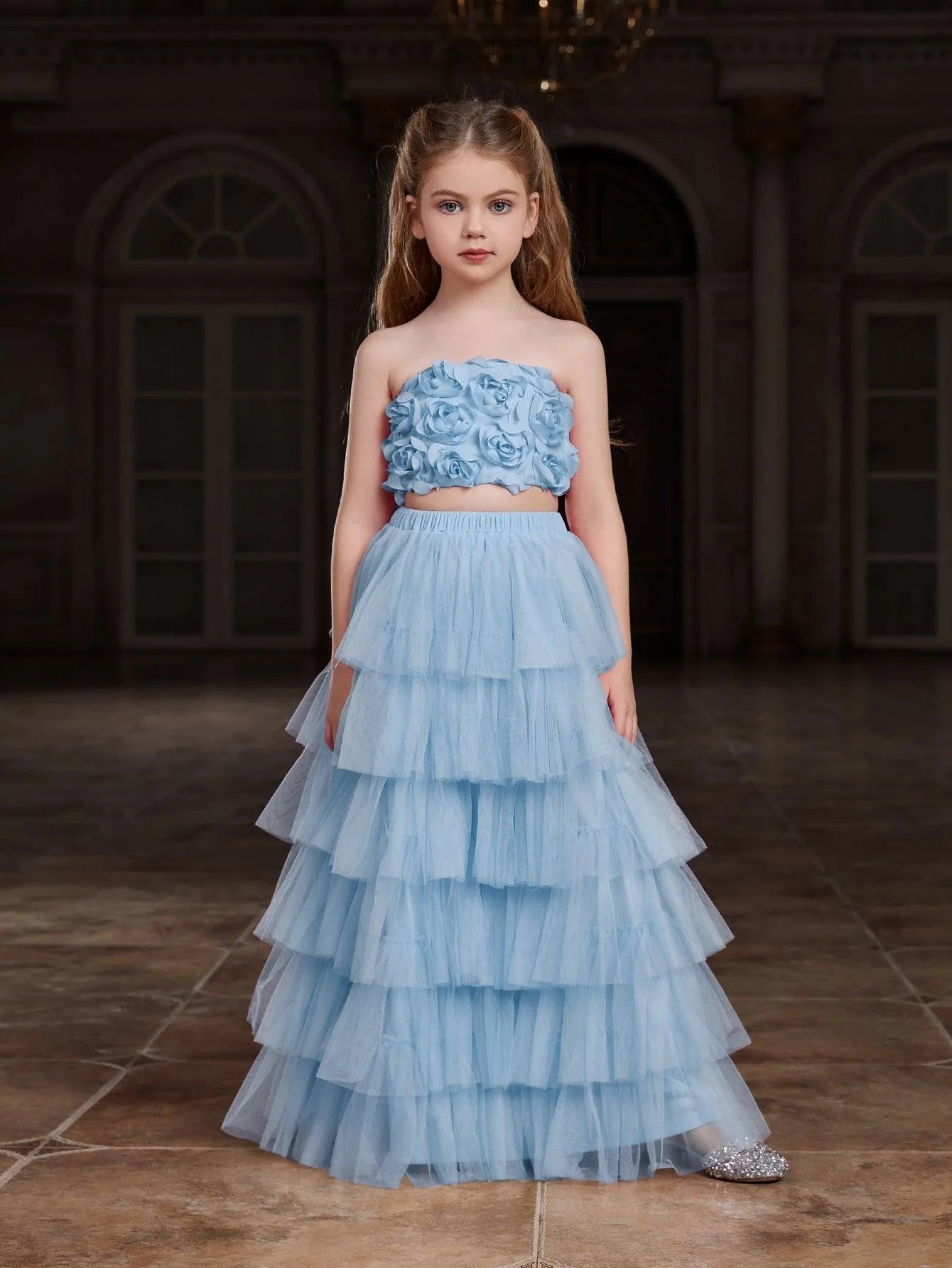 Strapless Mesh 3D-Flower A-Line Sleeveless Girls' Two-Piece Formal Set in Light Blue
