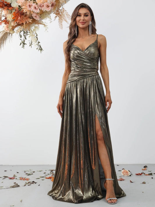 Gold metallic A-line prom dress with spaghetti straps and thigh-high slit