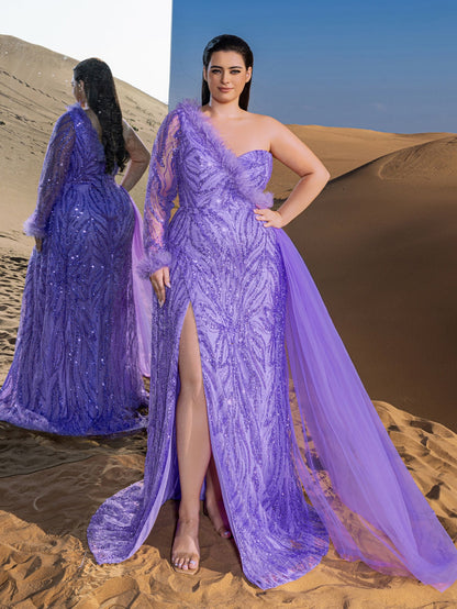 Plus Gorgeous Feather Trim One-Shoulder Split Mermaid Hem Beaded Formal Dress Evening Dress