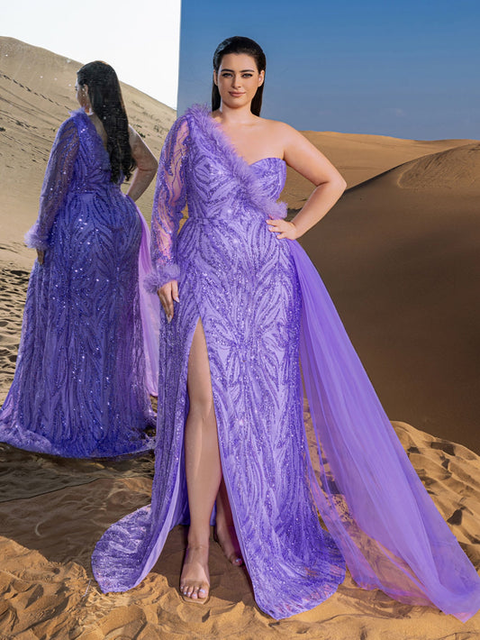 Plus Gorgeous Feather Trim One-Shoulder Split Mermaid Hem Beaded Formal Dress Evening Dress