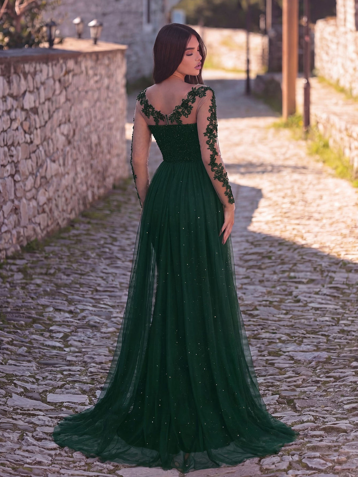Additional view of Round Neck Sequin Tulle Long-Sleeve Mermaid Evening Gown