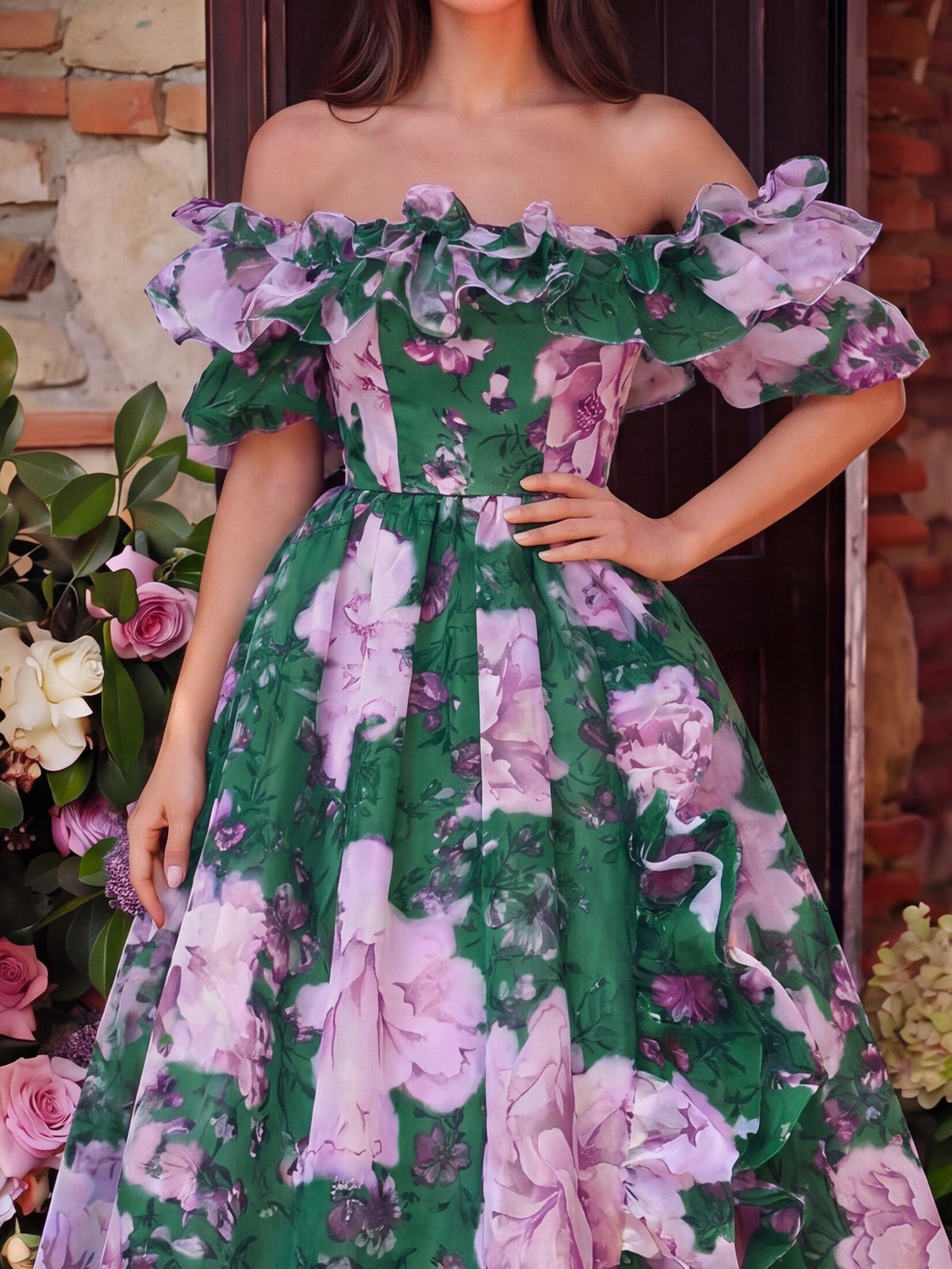 Elegant Ruffle Trim Off Shoulder Floral Organza Prom Dress