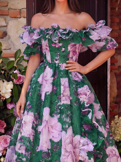 Elegant Ruffle Trim Off Shoulder Floral Organza Prom Dress