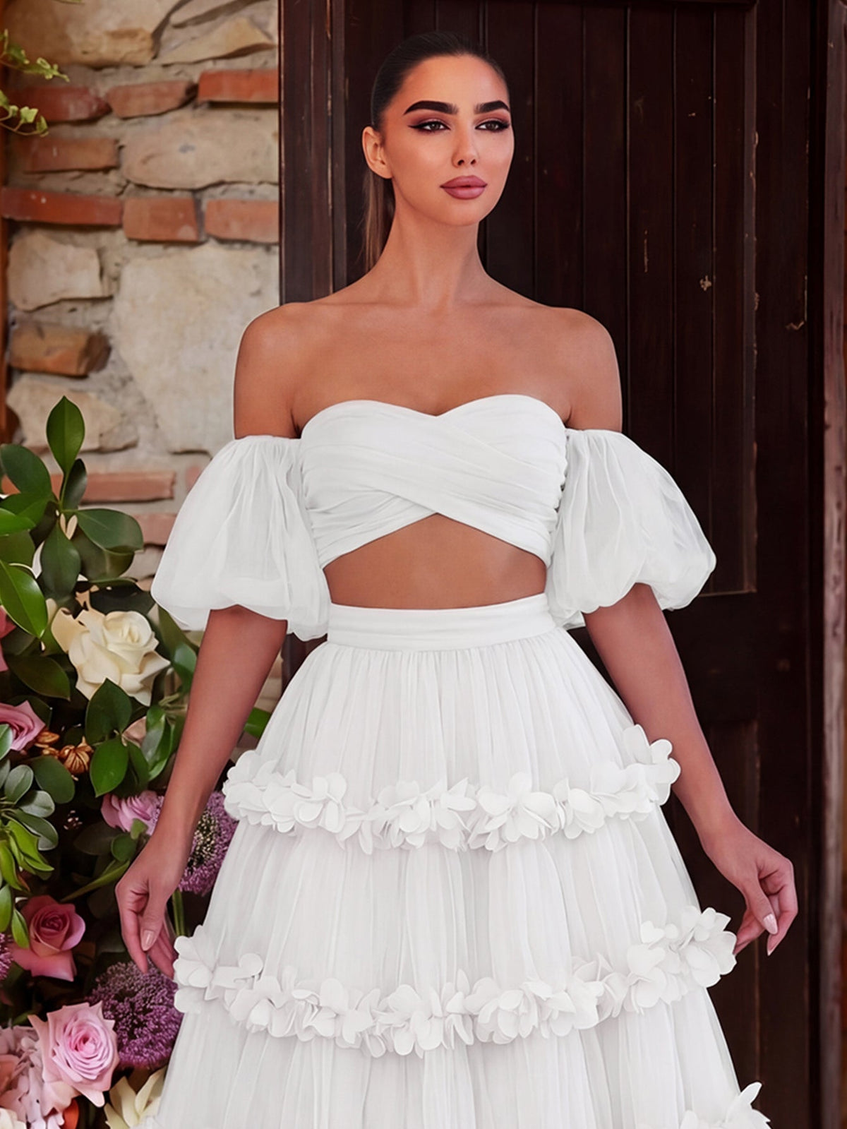 Off Shoulder Puff Sleeve Crop Top & Frill Trim Mesh Skirt – authorized supplier view 8
