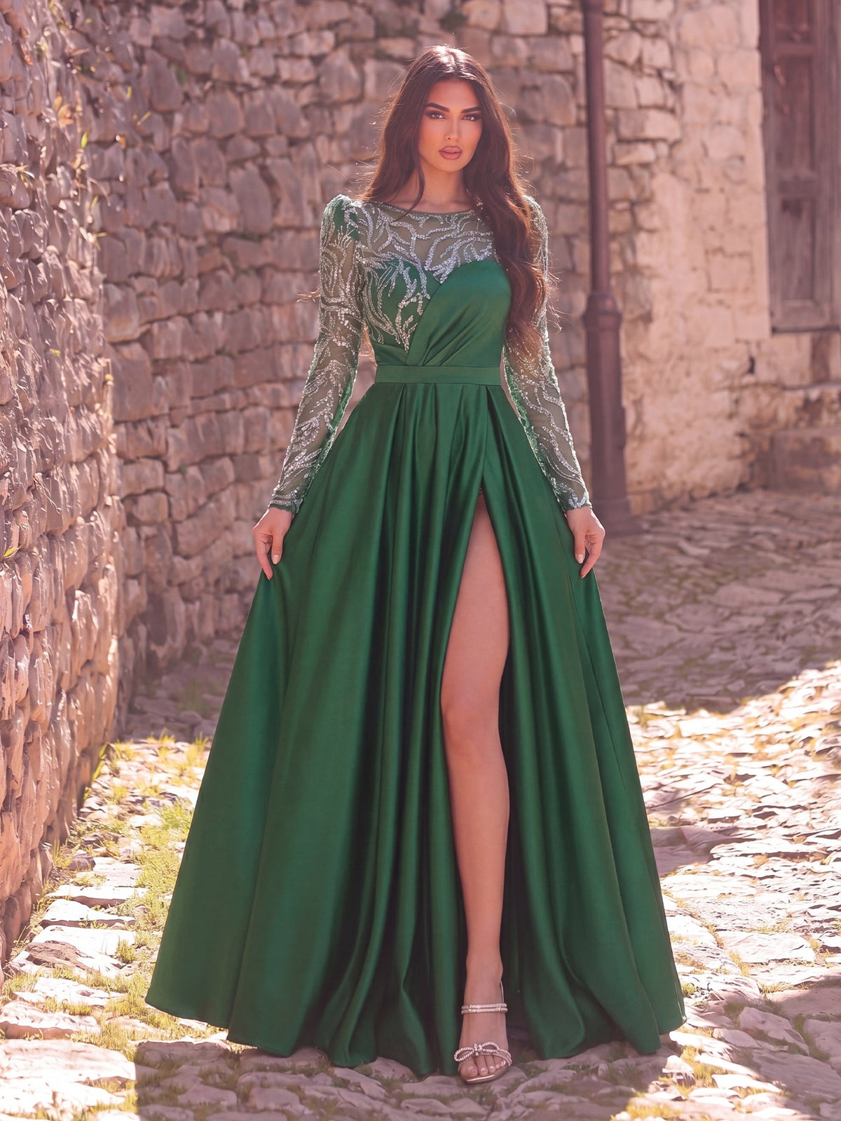 Elegant Women's Sequin Bodice Formal Gown | Long Sleeves | Full Flared Skirt