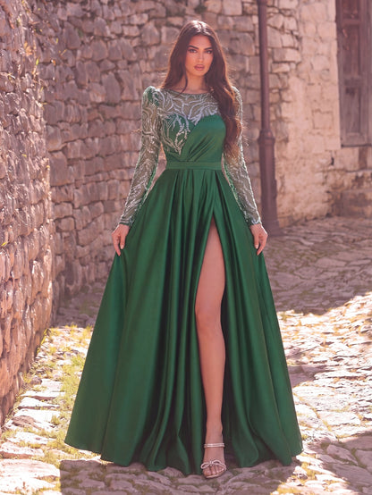 Elegant Women's Sequin Bodice Formal Gown | Long Sleeves | Full Flared Skirt