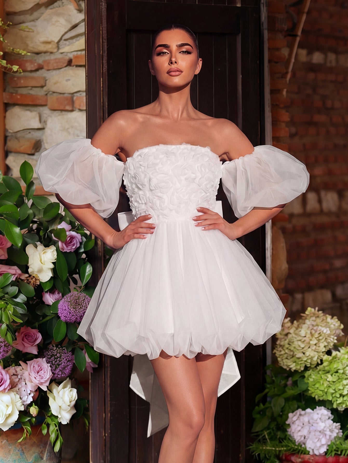 Off-Shoulder Appliqué Puff-Sleeve A-Line Wedding Dress — authorized product image 4