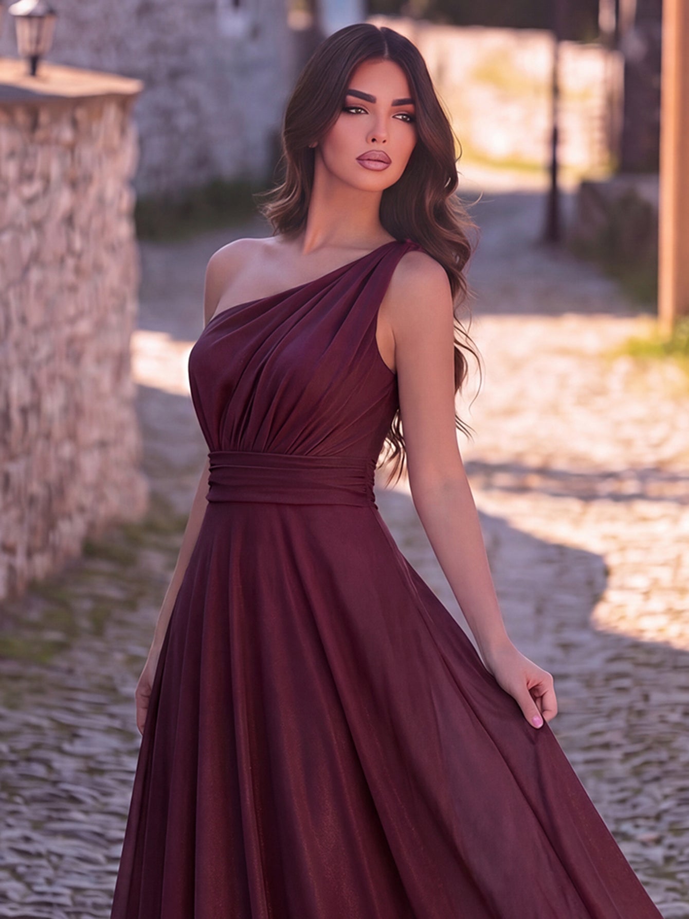 Additional view of One-Shoulder Chiffon Sleeveless A-Line Evening Gown