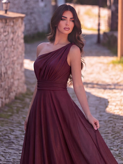 Additional view of One-Shoulder Chiffon Sleeveless A-Line Evening Gown