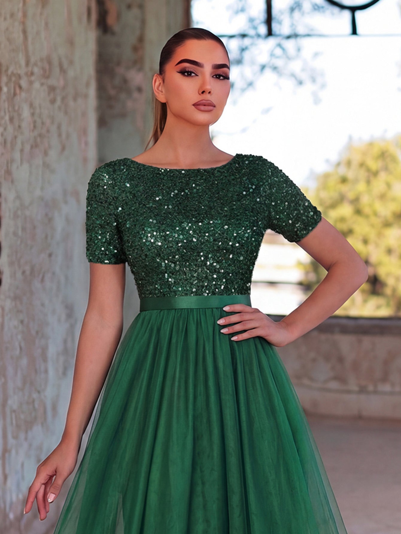 Additional product view of Tulle Skirt Boat-Neck Sequin A-Line Short-Sleeve Evening Gown