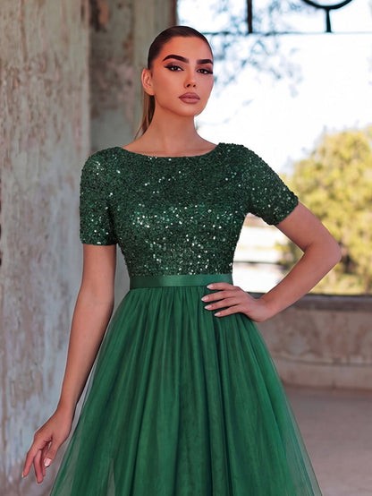 Additional product view of Tulle Skirt Boat-Neck Sequin A-Line Short-Sleeve Evening Gown