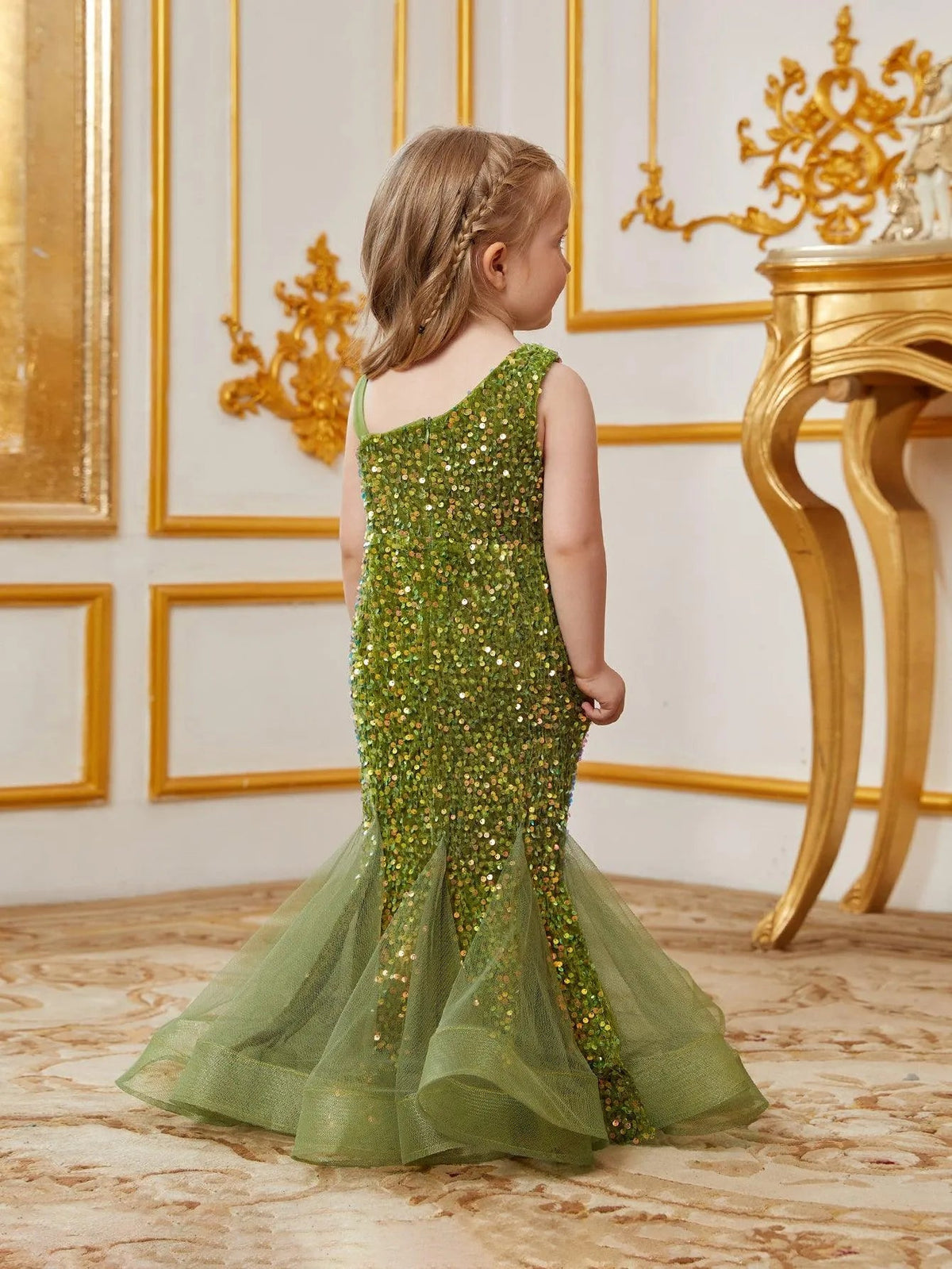 Additional product view of Mesh Insert Mermaid Hem One-Shoulder Sequin Sleeveless Young Girls' Party Dress