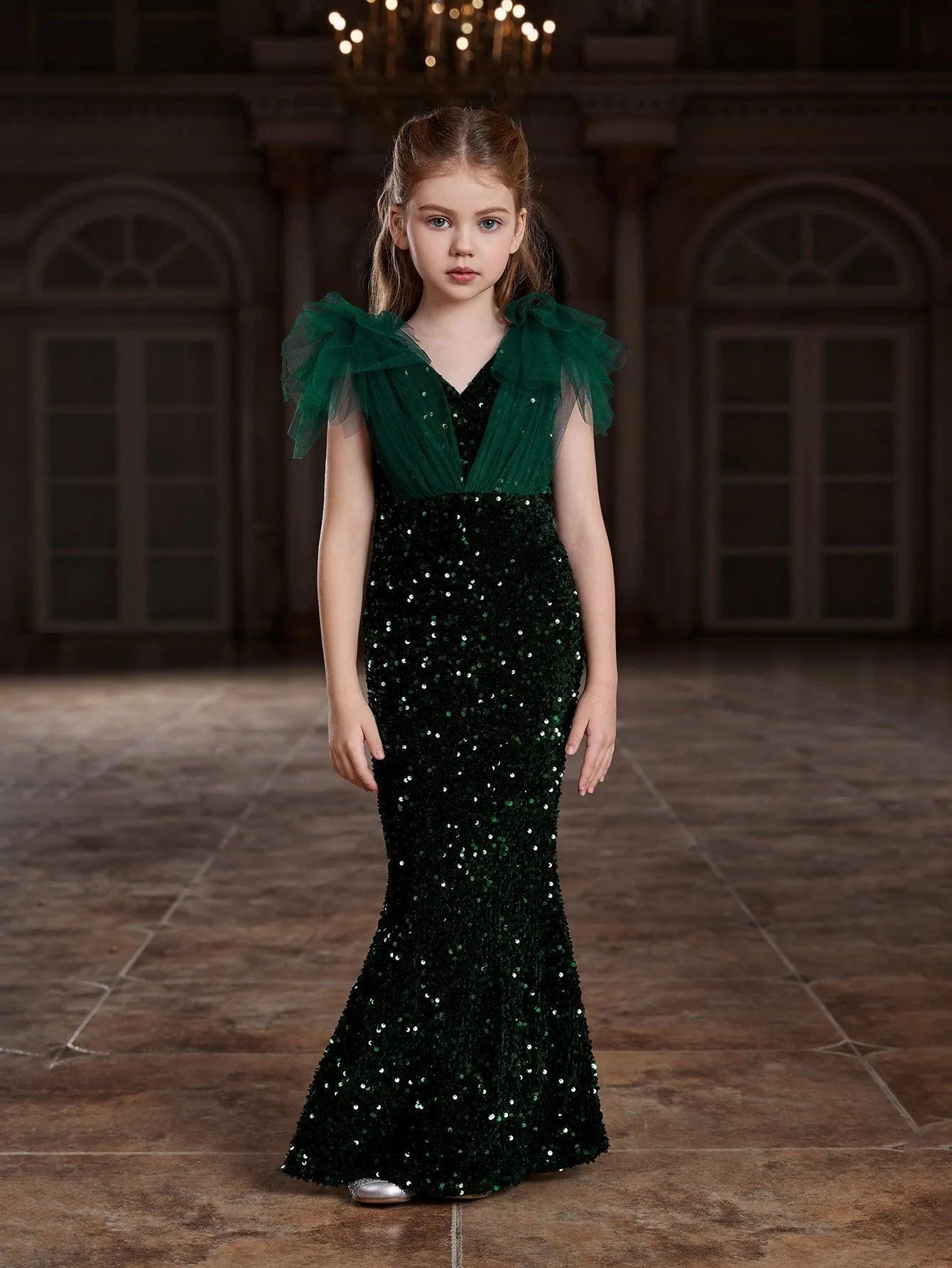 Additional product view of Cloak-Sleeve Mermaid Hem V-Neck Sequin Maxi Tween Girls' Party Dress