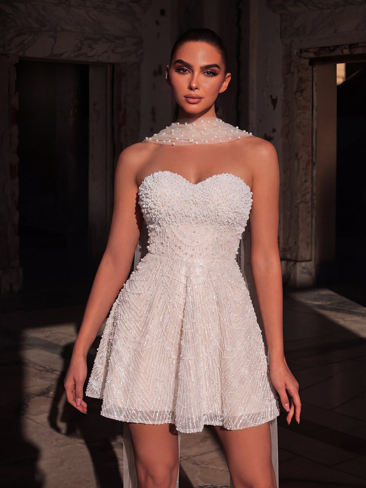 Champagne beaded mini party dress, side view