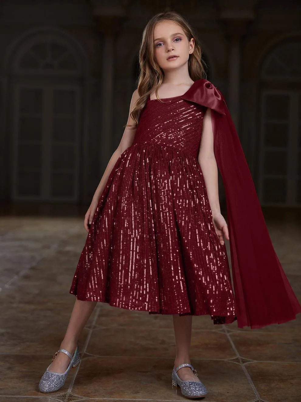 Alternate view of Draped Side Bow Detail One-Shoulder Sequin A-Line Tween Girls' Party Dress in Burgundy