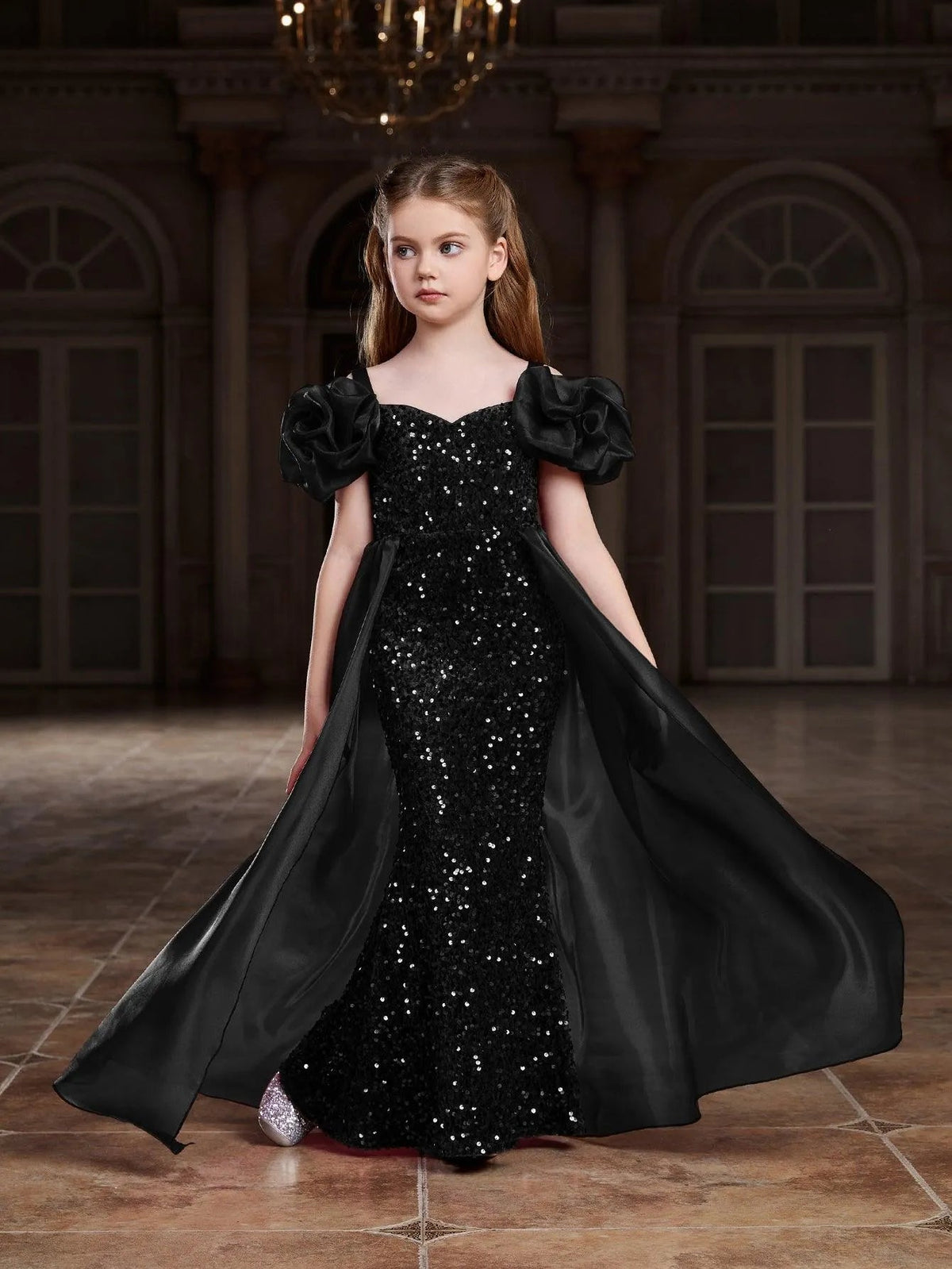 Alternate view of Mesh Overlay Sweetheart-Neck Sequin Mermaid Short-Sleeve Tween Girls' Party Dress in Black