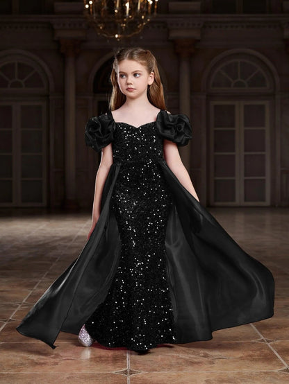 Alternate view of Mesh Overlay Sweetheart-Neck Sequin Mermaid Short-Sleeve Tween Girls' Party Dress in Black