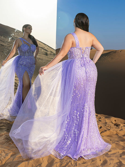 Plus-Size One-Shoulder Split Thigh Mermaid Hem Evening Gown — authorized product image 2